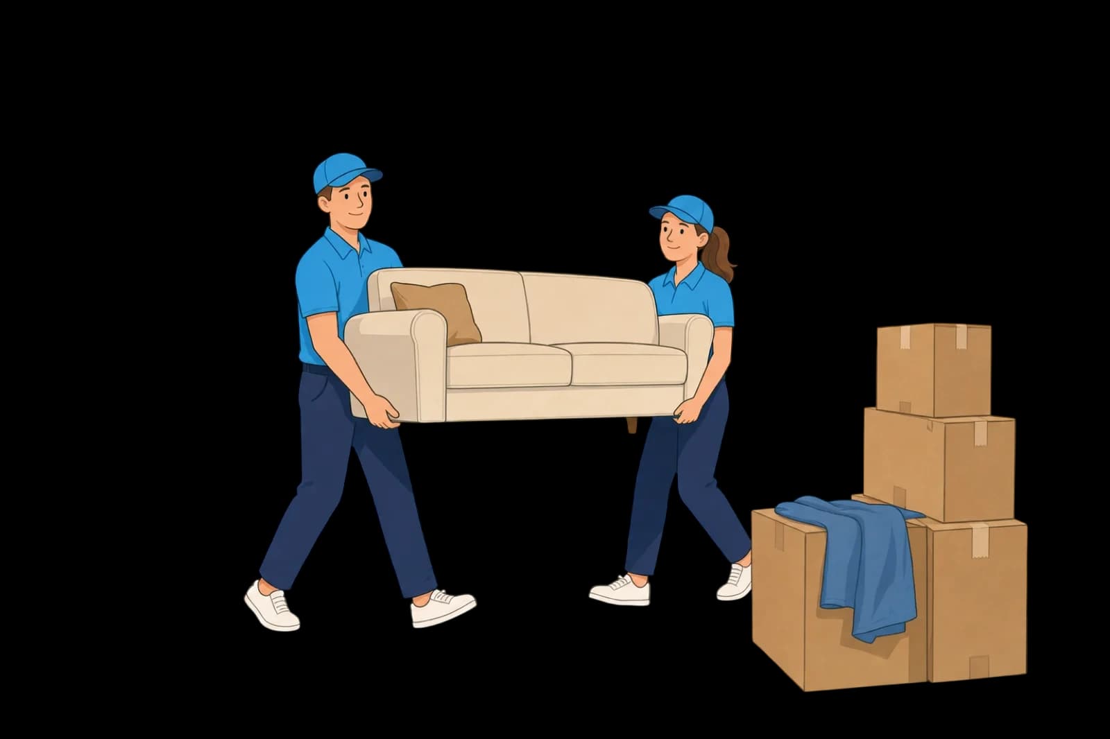 Zwei Sorglos-Mitarbeiter tragen ein Sofa, daneben stehen gepackte Kartons