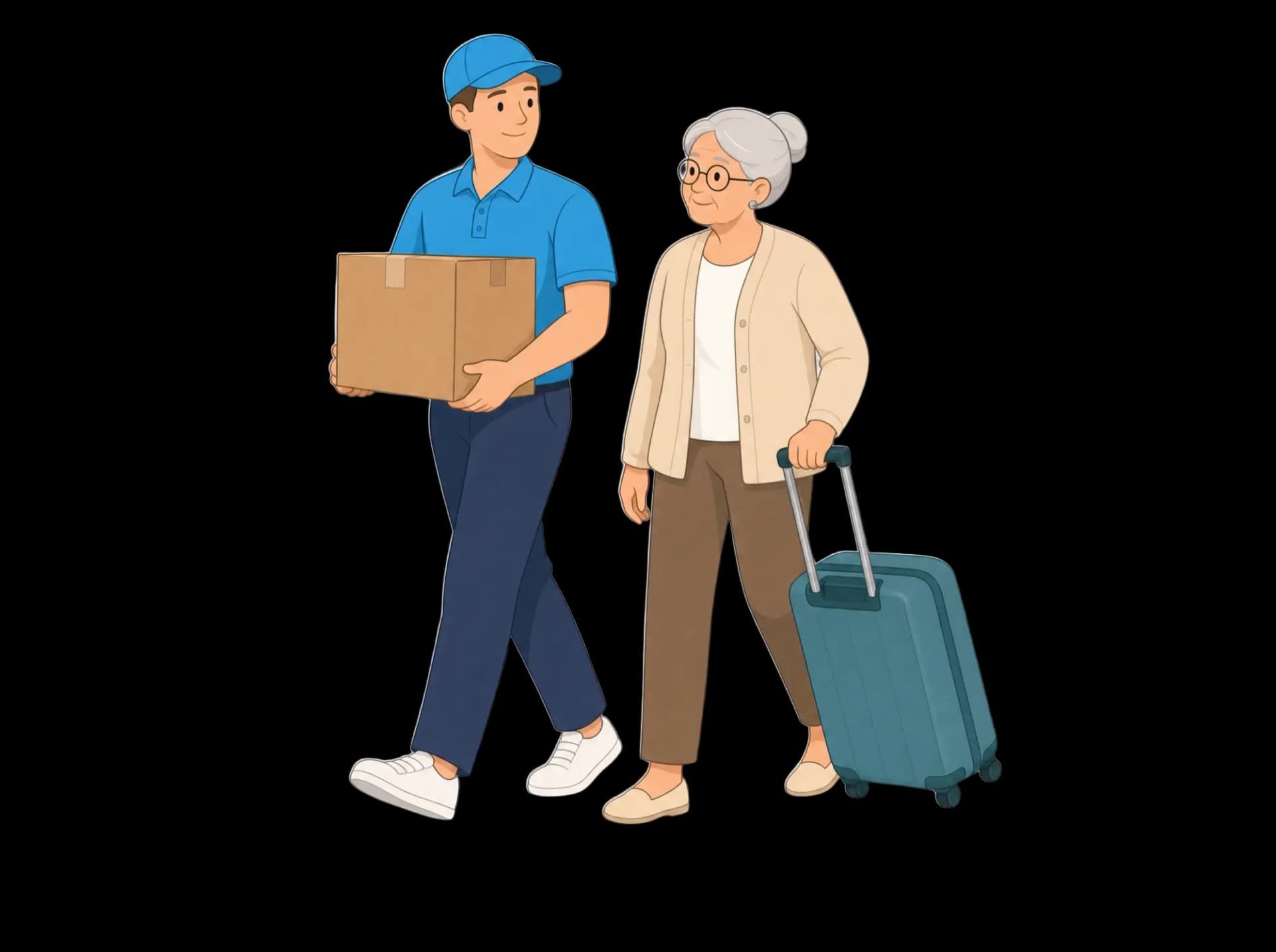 Seniorin mit Rollkoffer neben einem Helfer mit Umzugskarton