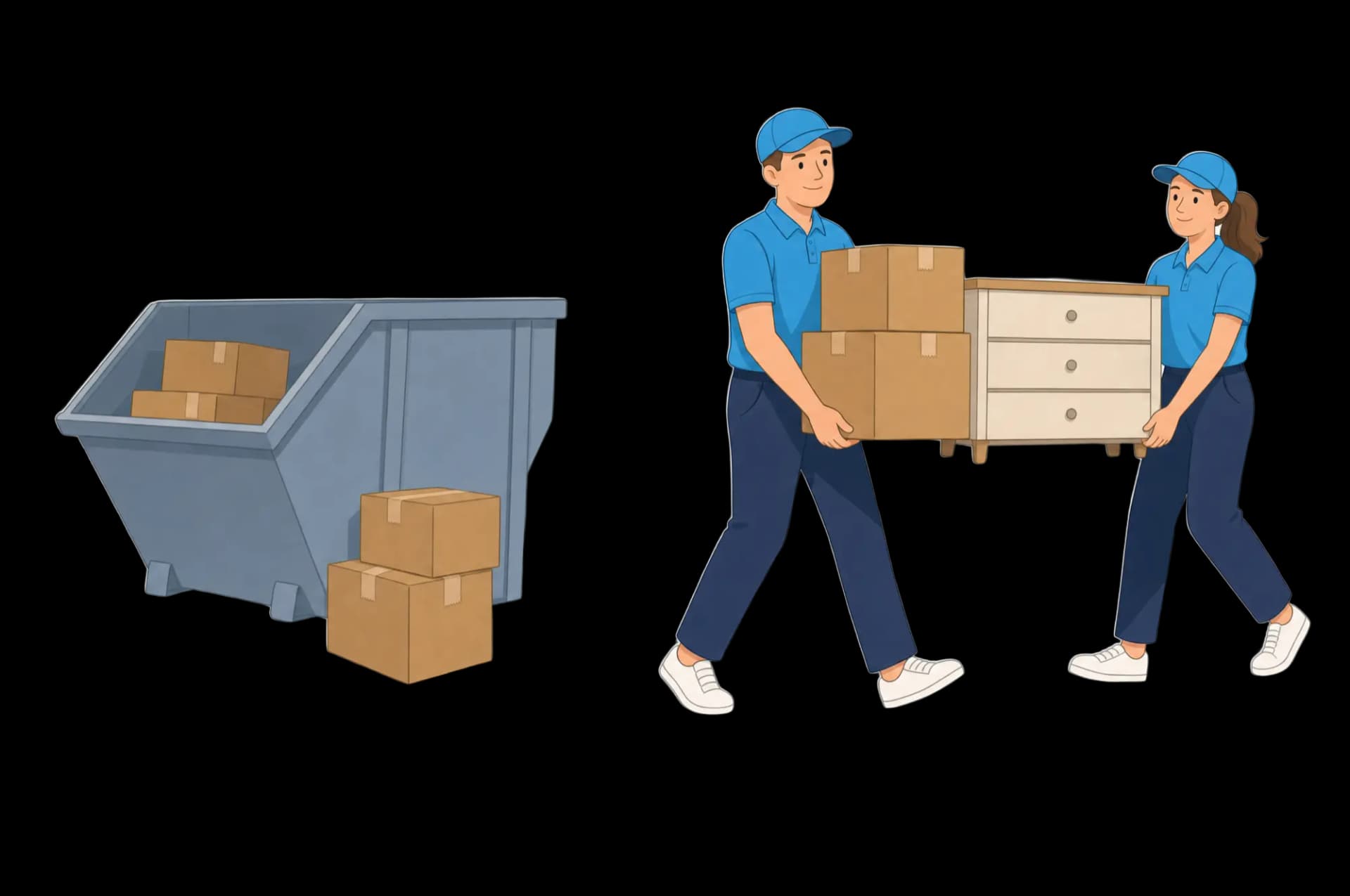 Illustration: einen Container selbst füllen gegenüber dem Sorglos-Team, das die Wohnung räumt