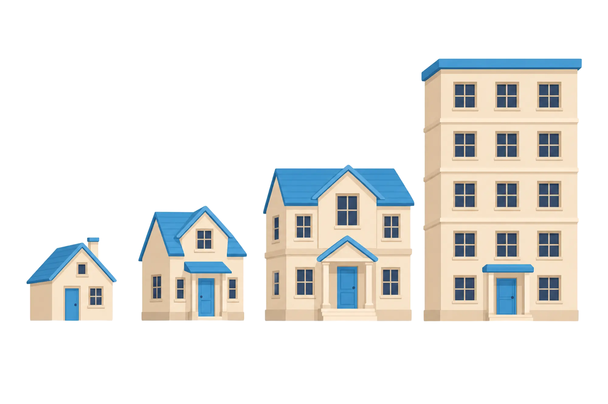 Illustration: vier Gebäude von der kleinen Wohnung bis zum Mehrfamilienhaus in einer Reihe