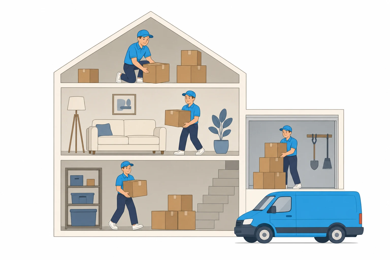 Haus-Querschnitt mit Dachboden, Wohnzimmer, Keller und Garage: Sorglos Helfer tragen in jeder Etage Kartons zum Transporter