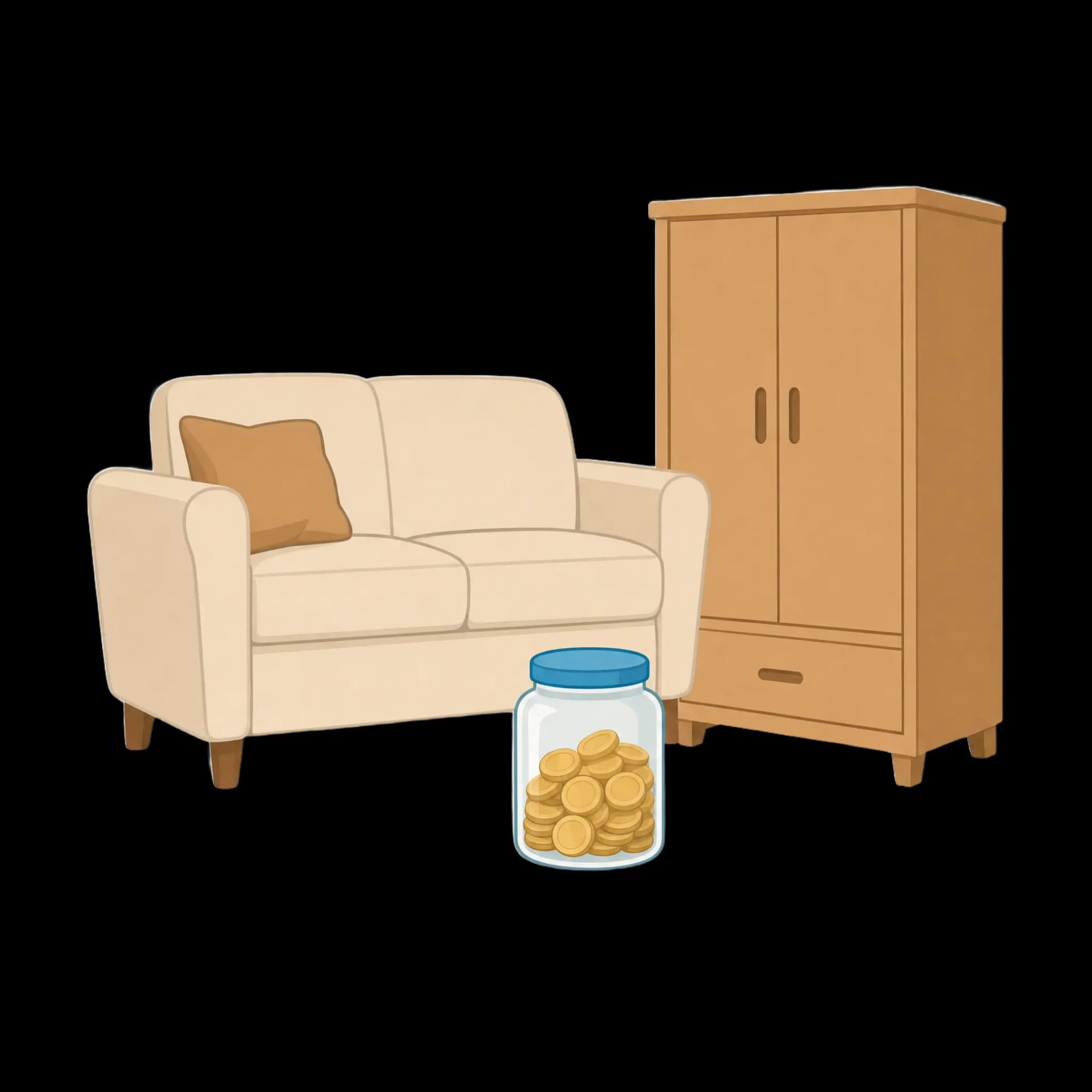 Freigestellte Illustration: Sofa und Kleiderschrank neben einem Glas mit Münzen, sinnbildlich für die Wertanrechnung bei der Haushaltsauflösung