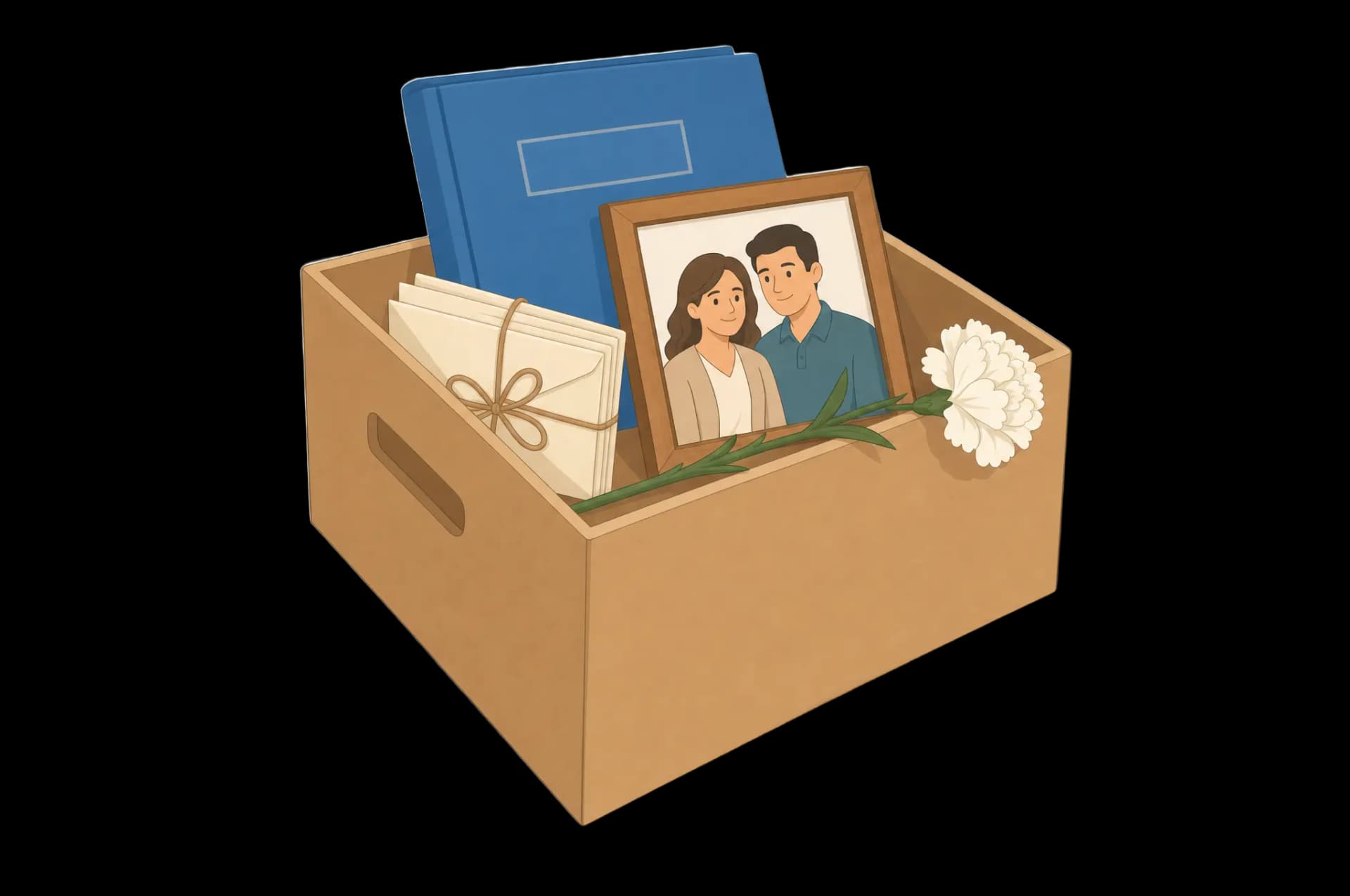 Illustration: Erinnerungskiste mit gerahmtem Foto, Briefen und einer Blume