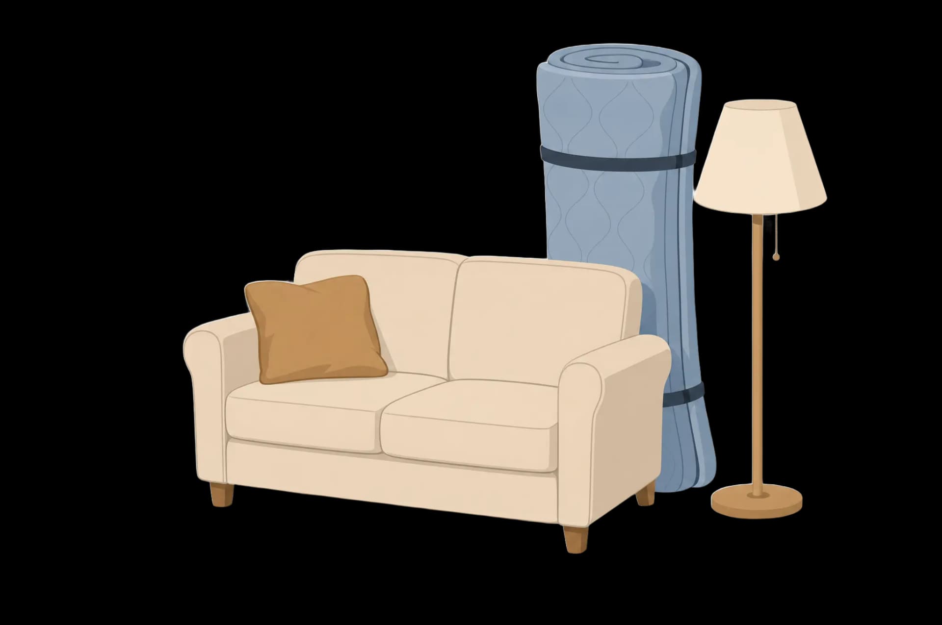 Illustration: Sofa, gerollte Matratze und Stehlampe als Sperrmüll