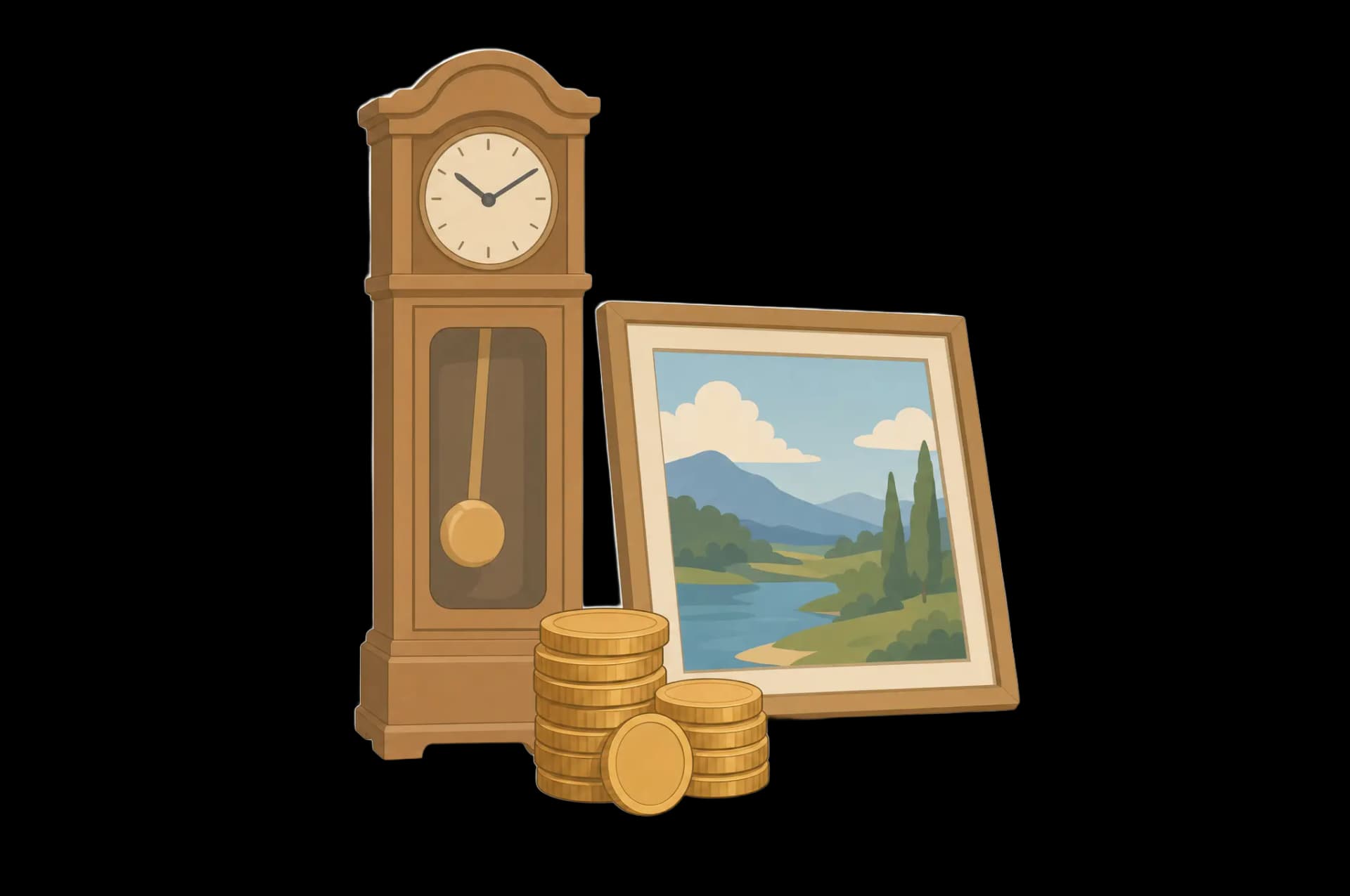 Illustration: alte Standuhr, kleines Gemälde und Münzstapel