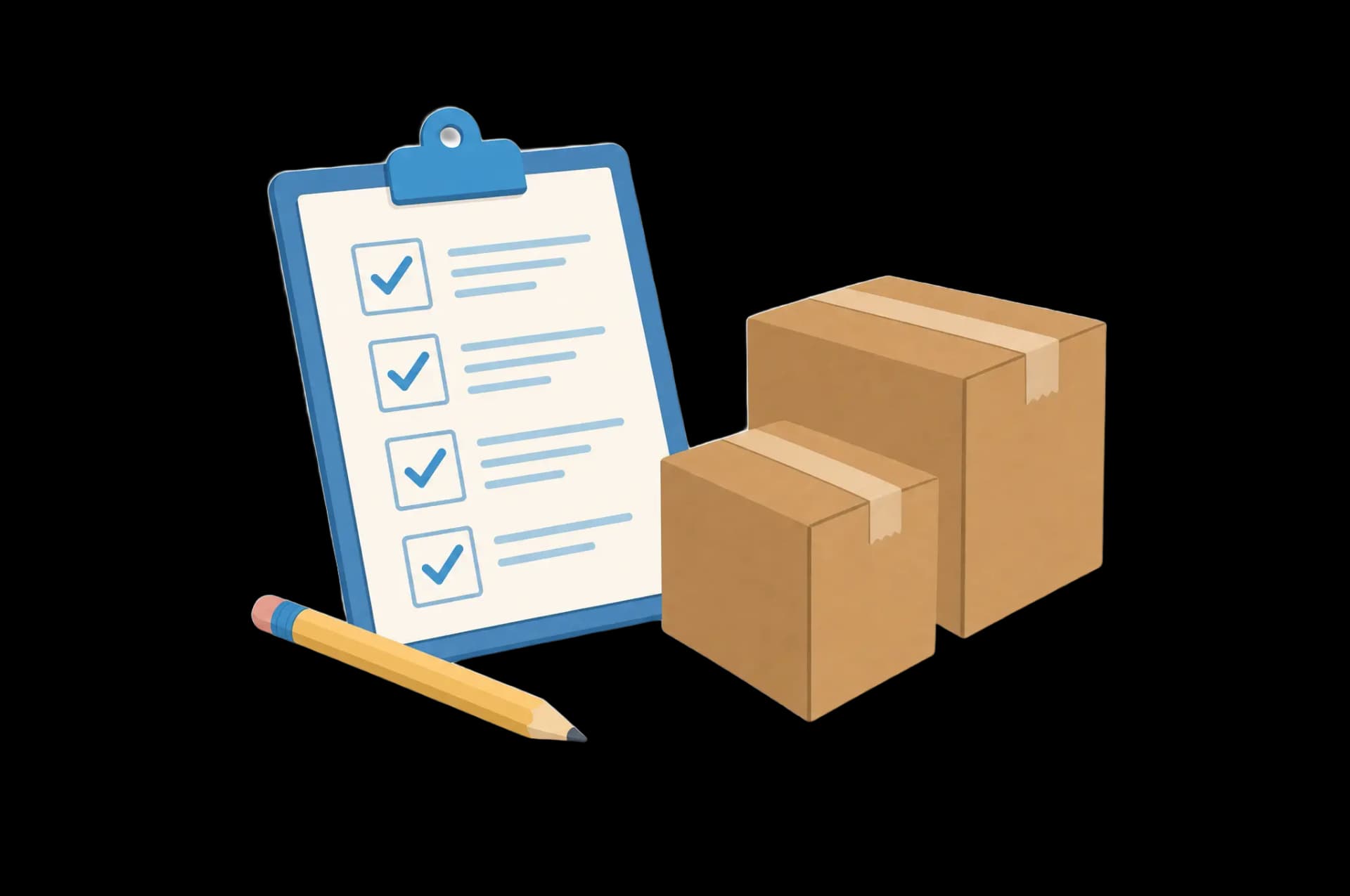 Illustration: Klemmbrett mit abgehakter Liste, Stift und zwei Kartons