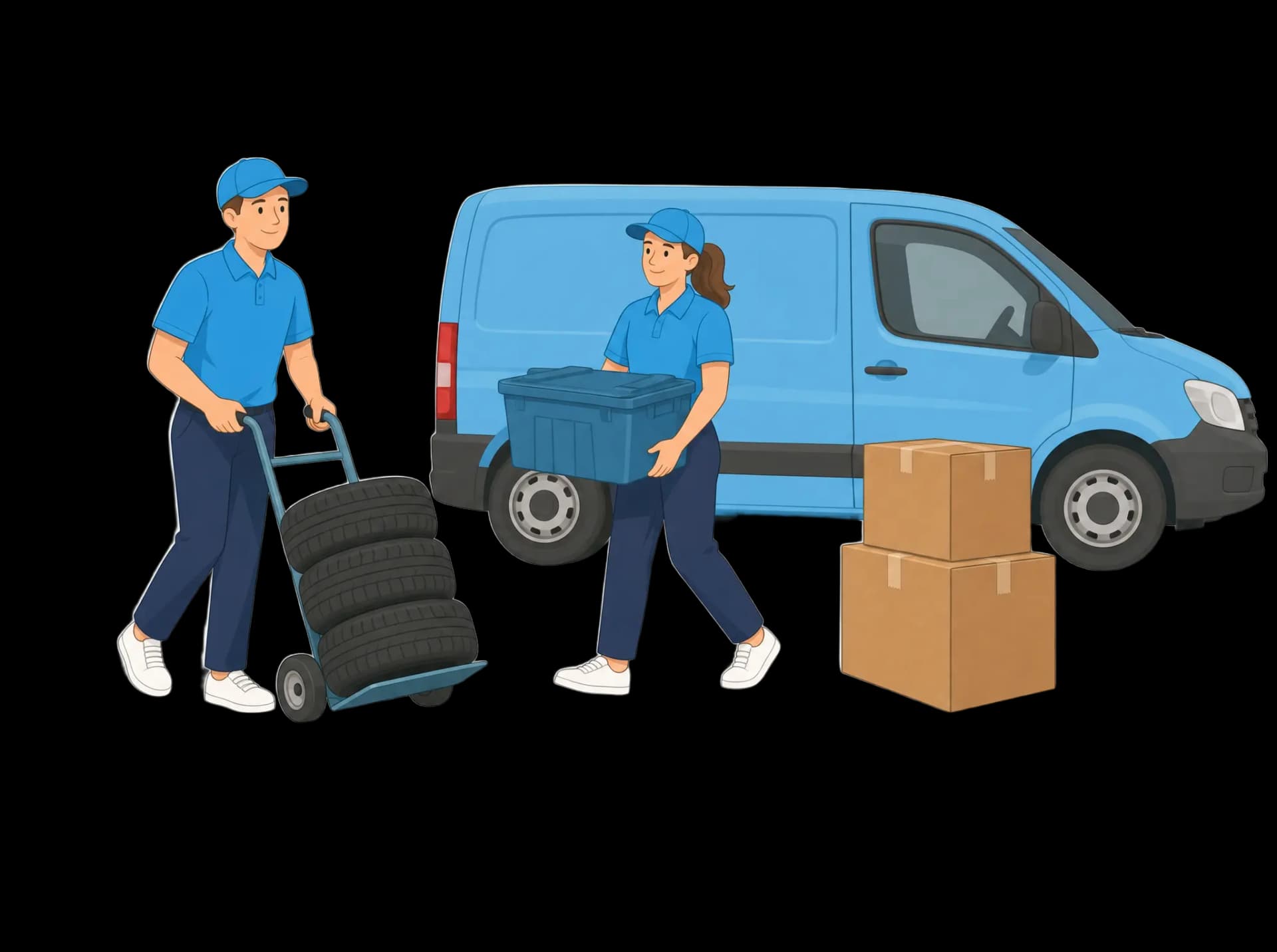 Zwei Sorglos-Mitarbeiter räumen Reifen, Boxen und Kartons neben einem blauen Transporter