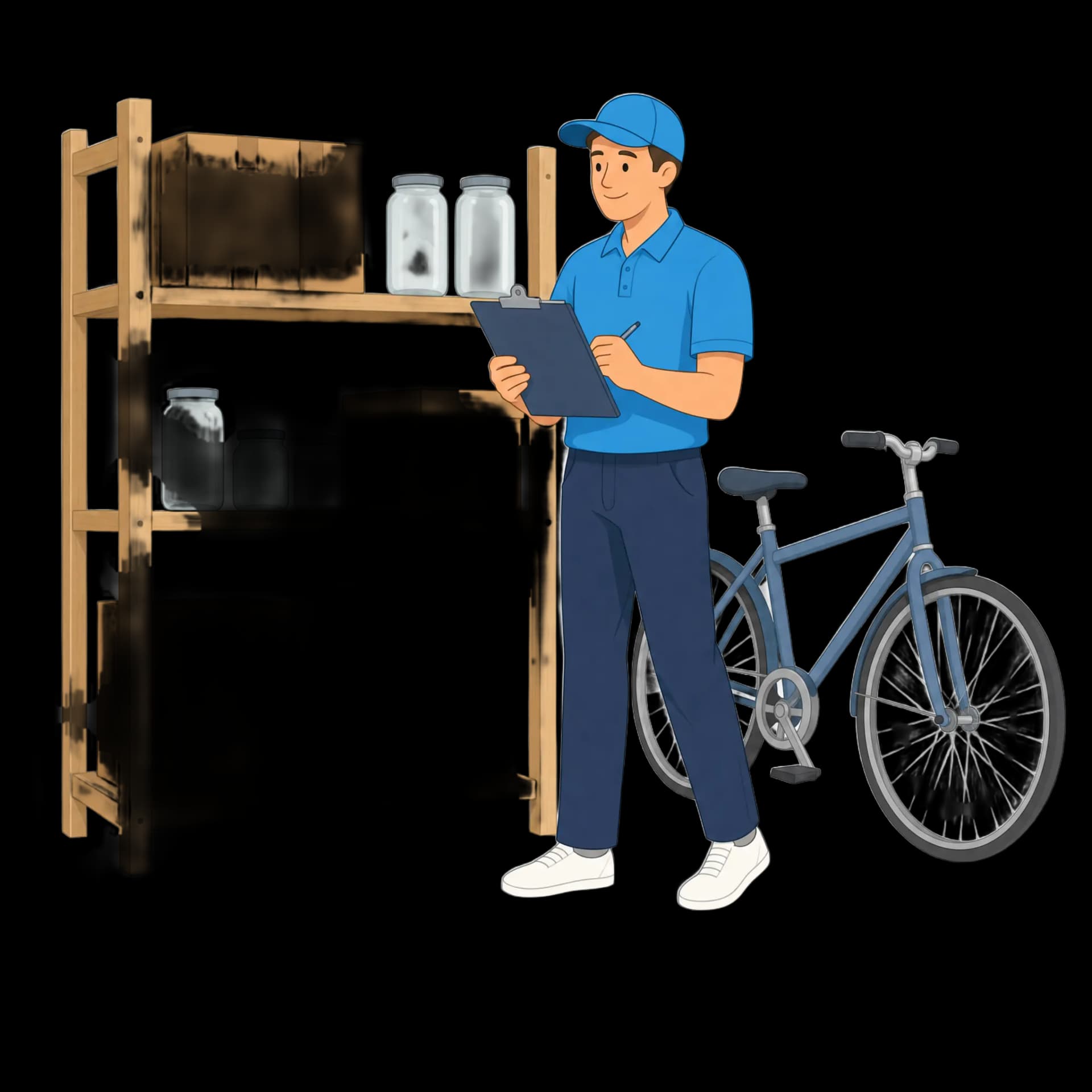 Sorglos Helfer prüft ein altes Kellerregal mit Einmachgläsern, daneben ein Fahrrad.