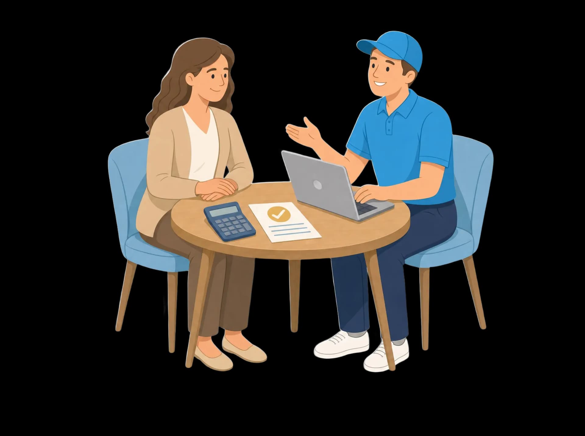 Illustration: Kundin und Mitarbeiter besprechen ein Angebot mit Rechner und Dokument