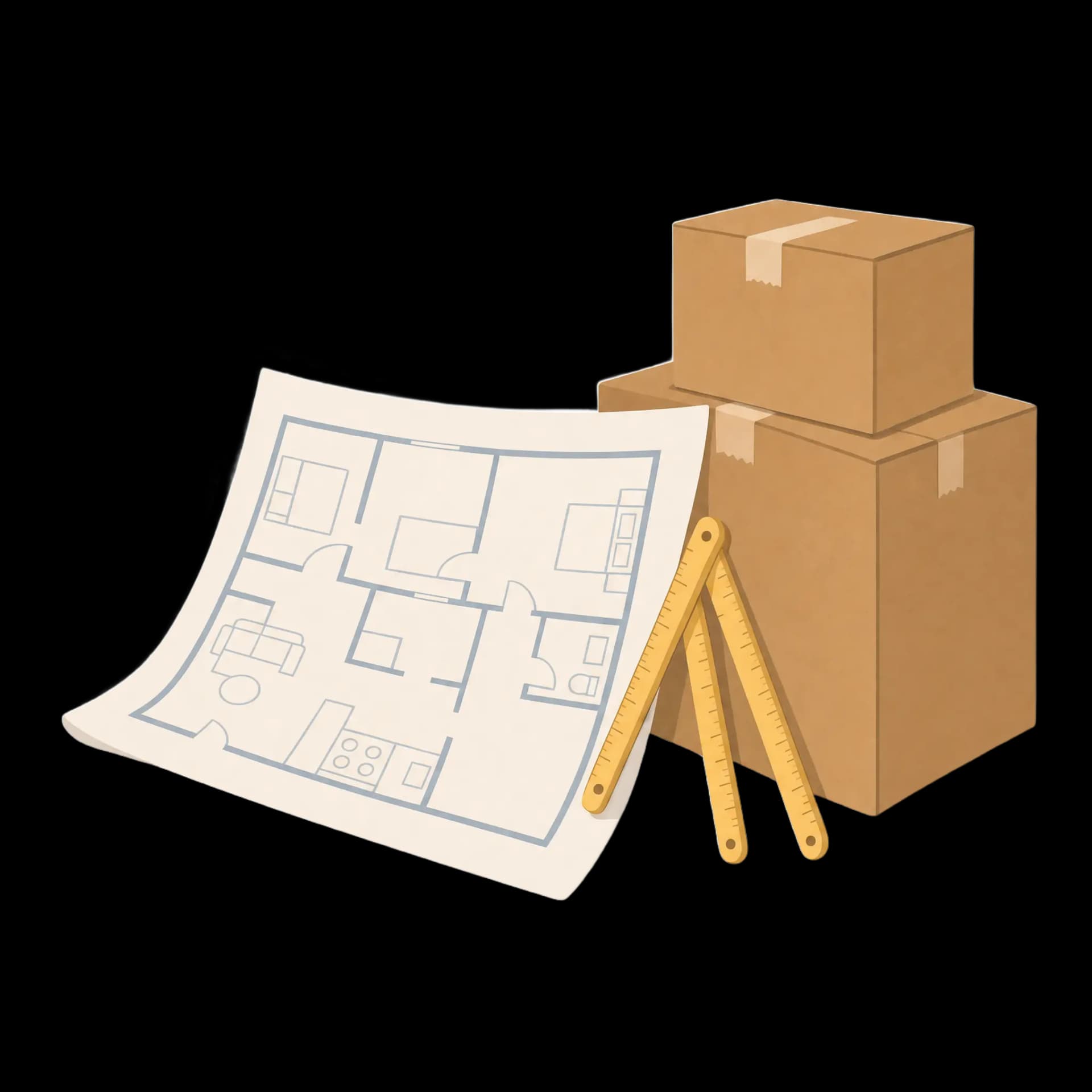 Illustration: Wohnungsgrundriss, Umzugskartons und Zollstock als Zeichen für Größe, Füllmenge und Aufwand