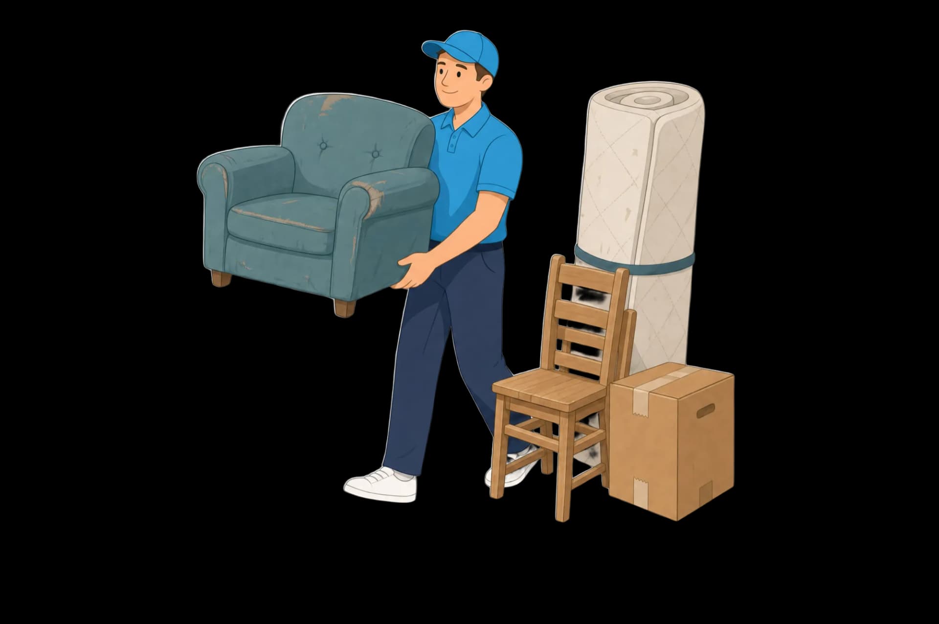 Illustration: Helfer trägt einen alten Sessel zum Sperrmüll, daneben eine gerollte Matratze und ein Stuhl aus Holz