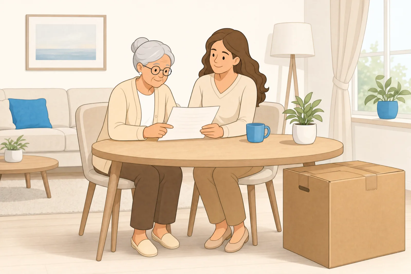 Illustration zum Pflegekassen-Zuschuss mit Angehörigen, Formular und Umzugskarton