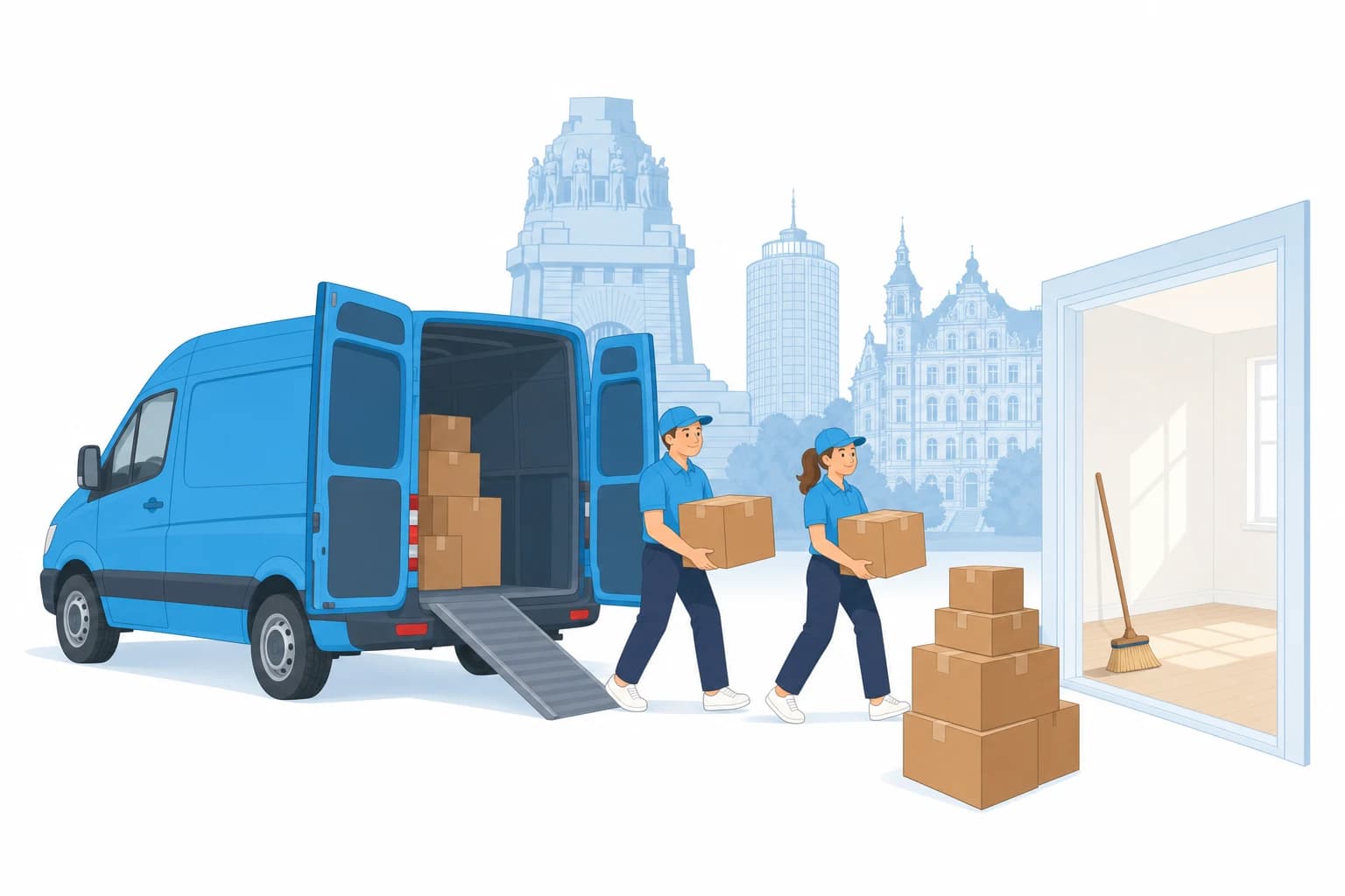 Vektorillustration für Entrümpelung Leipzig mit Völkerschlachtdenkmal, City-Hochhaus, Transporter, Kartons und besenreinem Raum